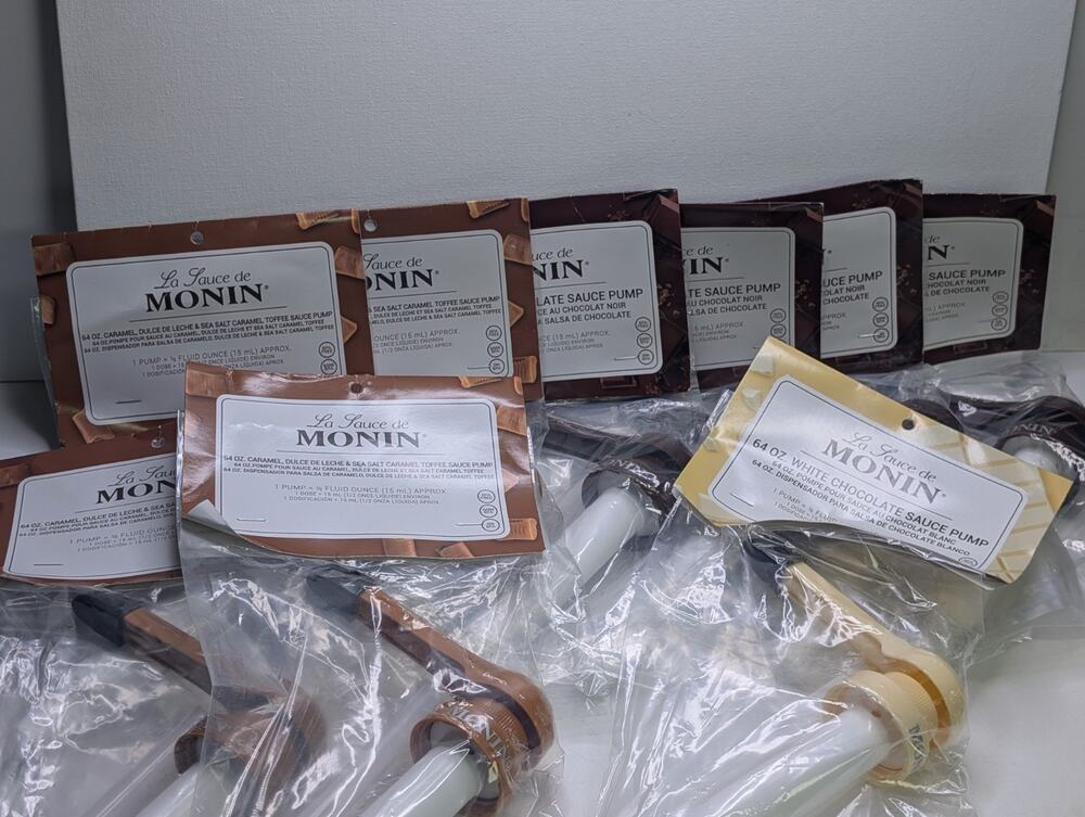 Monin 64 oz Sauce Pumps Lot of 9 ChocolateCaramel White Chocolate
